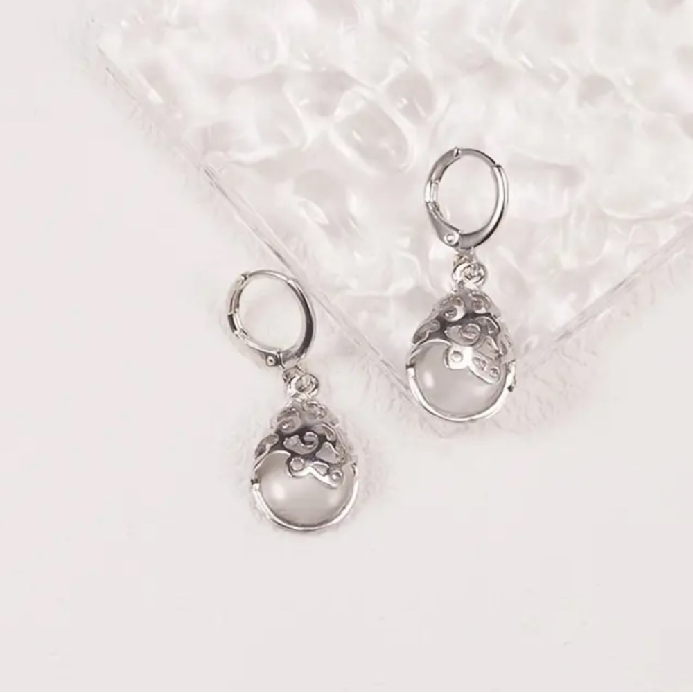 Silver Pendant Drop Earrings with iridescent Light Stone Accent